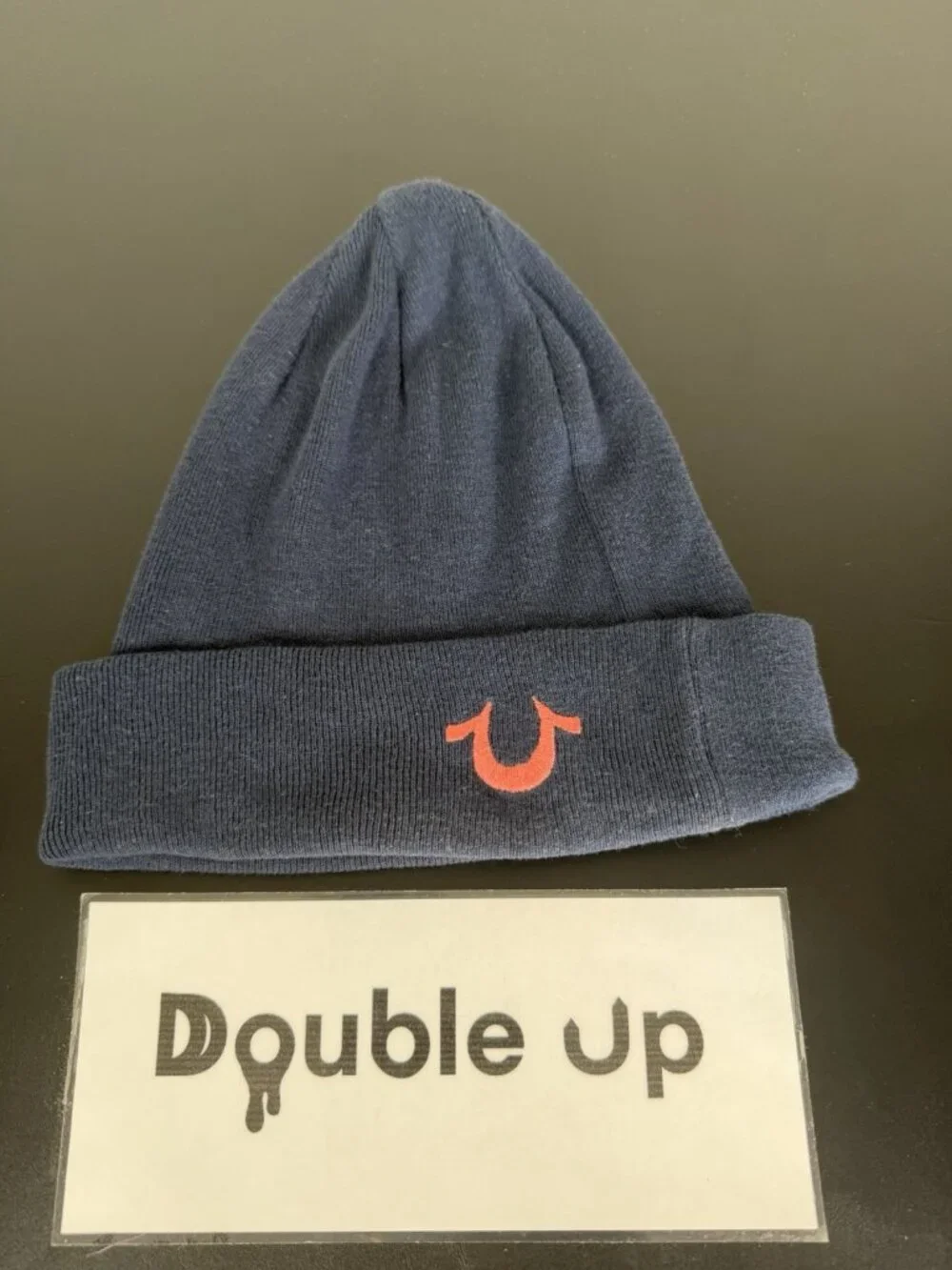 True Religion Blue Solid Beanie Hat One Size Men Orange Logo Fall Winter